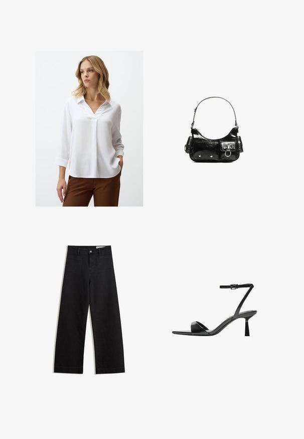 Witte blouse met lange mouwen, V-hals en textuurstof. Heeft een kraag en manchet mouwen. Gepaarde met een bruine broek.; Zwarte denim broek met wijde pijpen en een hoge taille, voorzien van voor- en achterzakken, gestikte naden en een knoopsluiting. Gladde textuur.; Bershka Sandalen met hoge hak - black; Zwarte laarzen in lakleer met een gebogen vorm, één schouderband, voorvakken en accenten in zilverkleurig metaal.