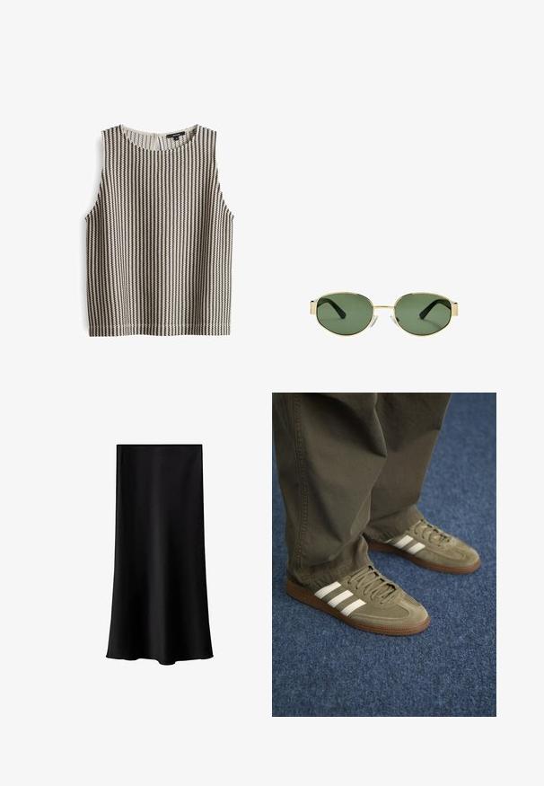 Sleeveless top in a black and cream striped pattern, featuring a round neckline and a back button closure with a soft, textured fabric.; Black midi skirt made of smooth, lightweight fabric. Features a straight cut, no visible hardware, and a simple design without patterns.; Green suede sneakers with three white stripes, brown rubber sole, and textured laces, paired with olive green pants on a blue carpet.; Gold metal-framed sunglasses with green tinted lenses, oval shape, black temples, and clear nose pads. Clean, minimalist design.; Olive green tote bag with dual handles, smooth texture, and a metal logo accent. Rounded shape with side panels; paired with blue pants.