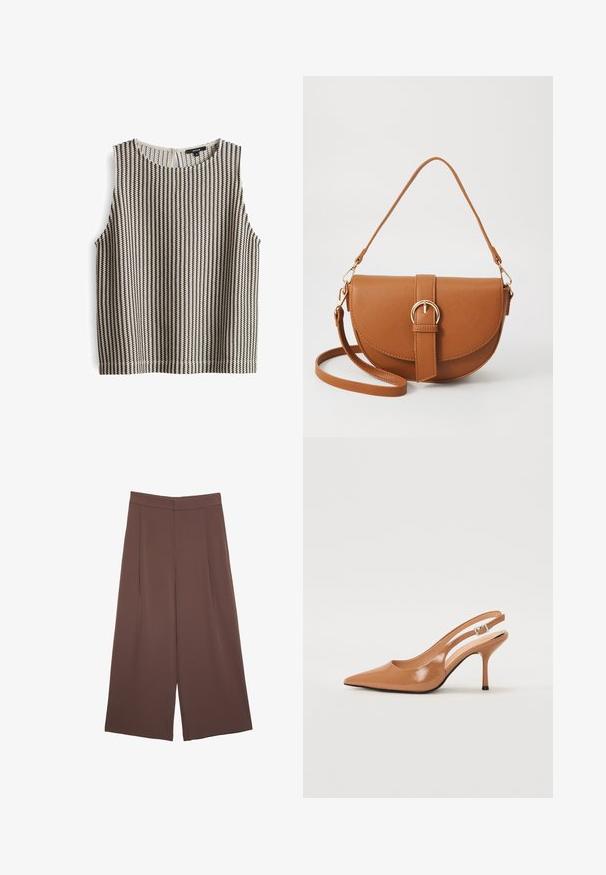 Top senza maniche con una trama a righe nere e crema, dotato di scollatura rotonda e chiusura con bottone sul retro, realizzato in un tessuto morbido e testurizzato.; Pantaloni ampi marroni con una texture liscia, caratterizzati da una vita alta e pieghe frontali. Il tessuto è leggero e scorre liberamente.; Tacco slingback a punta affusolata in un materiale tan liscio e lucido. Presenta un design con ritaglio curvo e un sottile tacco a stiletto. Dettaglio con fibbia argentata.; Borsa a tracolla in pelle marrone con forma curvata, hardware dorato e un dettaglio con fibbia. Presenta una tracolla rimovibile.