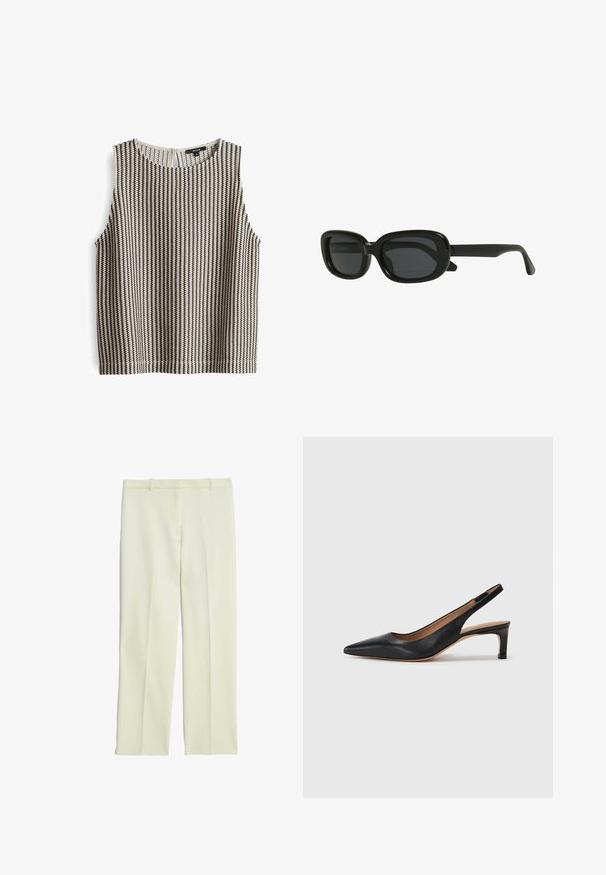 Sleeveless top in a black and cream striped pattern, featuring a round neckline and a back button closure with a soft, textured fabric.; Cream-colored tailored trousers with a straight-leg design, featuring a flat front, belt loops, and a smooth texture.; Black leather slingback pump with a pointed toe, low heel, and a smooth texture. Features a thin adjustable strap for a secure fit.; Black rectangular sunglasses with a thick frame, dark tinted lenses, and a sleek design. The arms have a smooth finish.