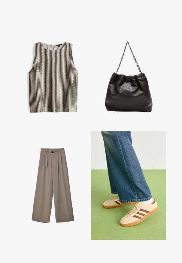 Ärmelloses Oberteil mit einem schwarz-creamfarbenen Streifenmuster, rundem Halsausschnitt und einer Knopfverschluss auf der Rückseite aus einem weichen, strukturierten Stoff.; Weite Hose aus einem weichen, gedämpften grauen Stoff, mit einem taillierten Bund und Falten für zusätzliche Design-Details. Glatte Textur, keine Muster.; Beige Sneakers mit strukturierten cremefarbenen Paneelen und braunen Streifen, kombiniert mit blauen Jeans. Die Jeans haben einen weiten Beinschnitt und einen fransigen Saum.; Braune Lederhandtasche mit gerafftem Oberteil und Kettenriemen. Glatte Textur mit glänzendem Finish und subtilen Nahtdetails an den Seiten.