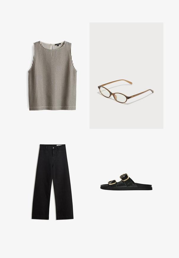 Mouwloos topje in een zwart en crèmekleurig gestreept patroon, met een ronde halslijn en een knoopsluiting aan de achterkant, gemaakt van een zachte, gestructureerde stof.; Zwarte denim broek met wijde pijpen en een hoge taille, voorzien van voor- en achterzakken, gestikte naden en een knoopsluiting. Gladde textuur.; Zwarte slipper met twee gouden gesps, gladde textuur, platte zool en een minimalistisch ontwerp.; Bruine schildpadbril met ovale lenzen, dunne armen en transparante accenten. Heeft een subtiele logo op de tempel. Strak, lichtgewicht ontwerp.