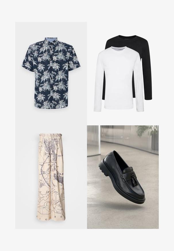 Camisa de mangas curtas, abotoada, em azul-marinho com um padrão de palmeiras brancas. Apresenta um colarinho e botões castanhos. Tecido texturizado.; Duas camisas de mangas longas, uma preta e uma branca, feitas de algodão, com decote redondo e uma textura suave, expostas em uma disposição empilhada.; Calças de perna larga com um padrão de mapa em azul-marinho sobre um fundo bege, com detalhes plissados na cintura e um corte relaxado.; Mocassins de couro preto com acabamento liso, tassel decorativo, sola grossa de borracha e detalhes costurados. Design leve e elegante.