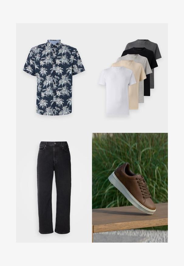 Tamsiai mėlynas, trumpas rankovėmis, mygtukais užsegamas marškinis su baltais palmėmis. Yra apykaklė ir rudos spalvos mygtukai. Textūruotas audinys.; Penki trumpomis rankovėmis marškiniai, baltos, smėlio, šviesiai pilkos, tamsiai pilkos ir juodos spalvų. Pagaminti iš švelnaus medvilnės, suapvalinto kaklo dizainu.; Juodi džinsai su tiesia siluetu, penkiais kišenėmis ir kontrastingomis siūlėmis. Su sagčių uždarymu ir diržo kilpomis ant liemens.; Rudos odinės sportinės bateliai su balta guma padais, suapvalinta nosimi ir rudomis raišteliais. Tekstūruota atrama ant padais ir lygus paviršius viršuje.