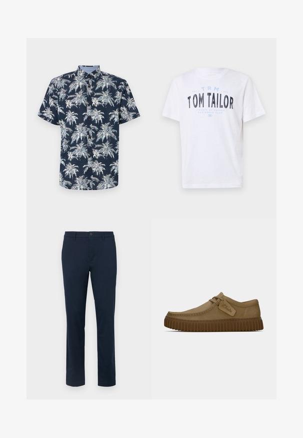 Koszulka z krótkim rękawem, zapinana na guziki w granatowym kolorze z białym nadrukiem palm. Posiada kołnierzyk i brązowe guziki. Teksturalna tkanina.; Biała bawełniana koszulka z okrągłym dekoltem i krótkimi rękawami. Zawiera niebieski i czarny nadrukowany tekst: "TOM TAILOR," "STREETS OF HAVANA," oraz numery.; Ciemnoniebieskie chinosy wykonane z gładkiego materiału. Prosty krój nogawki z jednym zapięciem na guzik i szlufkami na pasek. Brak widocznych wzorów lub akcentów.; Jasnobrązowe zamszowe buty z okrągłym noskiem, z przeszyciami i brązową gumową podeszwą o żebrowanej fakturze. Posiadają boczną metkę z logo "Clarks".