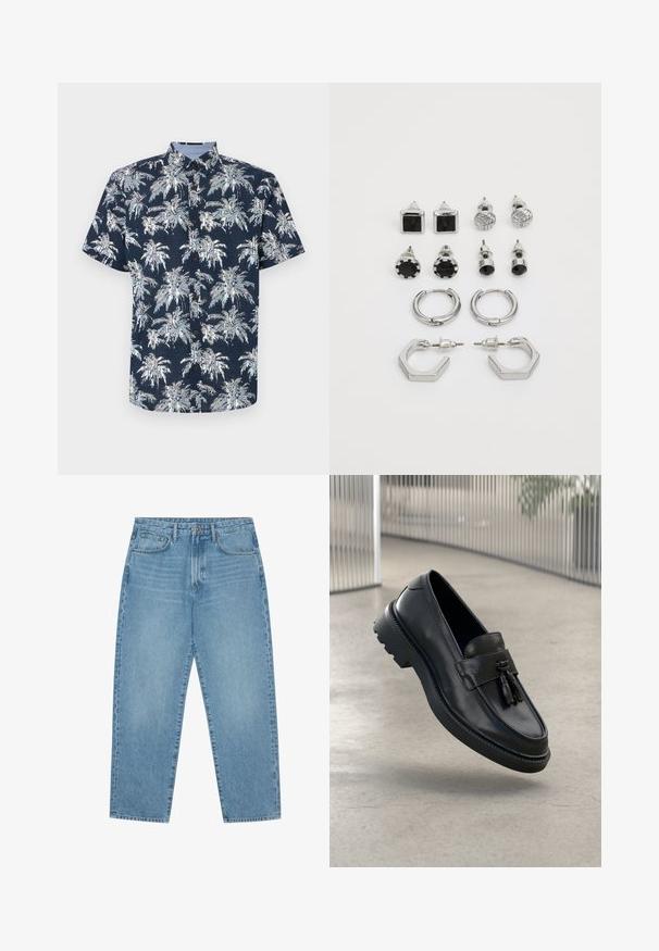 Tamsiai mėlynas, trumpas rankovėmis, mygtukais užsegamas marškinis su baltais palmėmis. Yra apykaklė ir rudos spalvos mygtukai. Textūruotas audinys.; Šviesiai mėlyni džinsai iš džinsinio audinio, tiesaus kirpimo, su penkiomis kišenėmis ir šiek tiek blukinta tekstūra. Turi sagos ir užtrauktuko užsegimą.; Juodi odiniai bateliai be užsegimo su lygiu paviršiumi, dekoratyvine kutu, stora guminė pado danga ir siūtais akcentais. Lengvi ir elegantiško dizaino.; Sidabriniai auskarai, sudaryti iš dviejų porų apyrankių ir šešių porų įsukamų auskarų, kurie turi įvairias formas ir tekstūras, įskaitant juodus akcentus.
