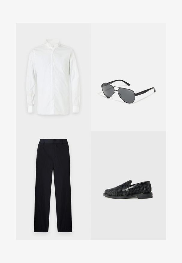 Camicia bianca a maniche lunghe con colletto alla coreana, chiusura con bottoni e design aderente. Texture liscia, polsini a un bottone e stile minimalista.; Pantaloni neri realizzati in un tessuto leggero e strutturato, con taglio dritto, vita elasticizzata e tasche laterali con zip.; Scarpa nera a mocassino intrecciata con un accentuato in pelle liscia sulla parte superiore, design a punta rotonda e suola in gomma a profilo basso.; Occhiali da sole aviator neri con lenti scure, sottile montatura in metallo e bracci in plastica snodati con accenti del logo.