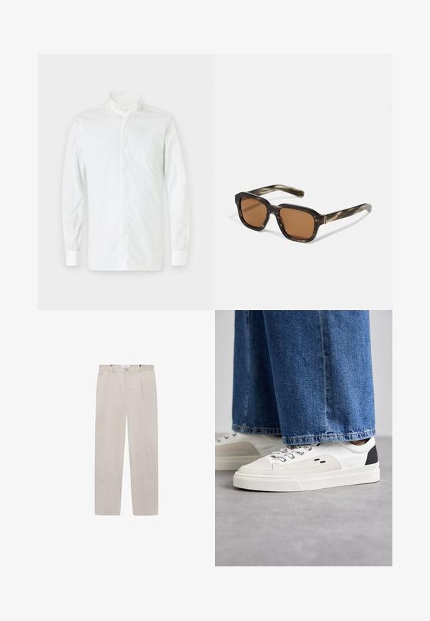 Fehér, hosszú ujjú ing, álló gallérral, gombos záródással és testhezálló kialakítással. Sima textúra, egygombos mandzsetta és minimális stílus.; Világos bézs színű nadrág, puha anyagból, egyenes vonalvezetéssel, két oldalsó zsebbel és elülső gombos zárással. Könnyű és sima tapintású.; Fehér és fekete sportcipők sima bőrből készült felsőrésszel, texturált díszítésekkel és vastag fehér talppal. Klasszikus fűzős kivitel jellemzi.; Műanyag napszemüveg teknősbékapáncélszerű mintával, nyolcszögletű barna lencsékkel és vékony arany hardware díszítéssel a kereten.