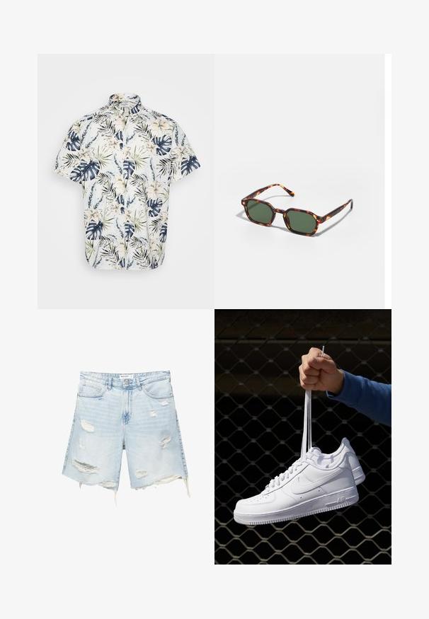 Kortærmet skjorte med et tropisk blomster- og bladmønster i navy, grøn og creme på en lys baggrund; knaplukning.; Lysblå denimshorts med slidte detaljer, frynset kant, fem lommer, metalknaplukning og bæltestropper. Casual, løs pasform.; Hvide lædersneakers med perforeringer, rund tå, flad sål og tykke snørebånd, med et synligt swoosh-logo og "AIR" på hælen.; Skildpaddefarvede solbriller med grønne linser, der har en oktagonal form og slanke, buede arme. Materialet har en blank finish.