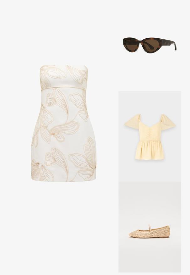 Puff ujjú peplum blúz puha sárga pamutból, fodros dekoltázsával és bővülő aljával, finom pöttyökkel az anyagban.; Ujjatlan krém színű ruha világos bézs, domború virágmintákkal. Testhez simuló fazon, sima textúra, térd hosszúságú szabás, látható záródások nélkül.; Aranyszínű, szőtt balerina cipők, hegyes orral, lapos talppal és pánttal a lábfej fölött. Az upper anyagon textúrált mintázatok találhatók.; Burgundi macskaszem napszemüveg barna lencsékkel, sima, fényes műanyag kerettel és elegáns dizájnnal. Nincsenek látható logók vagy kiegészítők.; Fehér kézitáska texturált, kagylóhoz hasonló díszítésekkel. Woven fogantyúval és ezüst láncos pánttal rendelkezik a sokoldalúság érdekében.