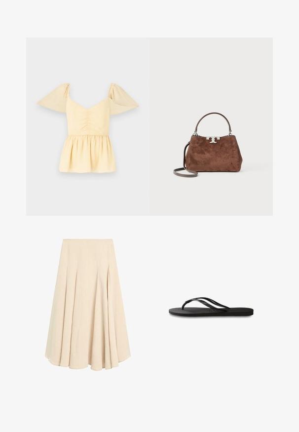 Pufærmet peplumtop i blød gul bomuld med en samlet bodice og en udflydende kant, der har subtile prikker i hele stoffet.; Beige midi-længde A-formet nederdel med plisseringer, lavet af letvægtsstof, med en glat talje og en udvidet kant.; Sorte flip-flop med en tekstureret gummisål, to slanke stropper og et subtilt, præget logodetalje på stroppen.; Brun ruskinds håndtaske med en struktureret form, sølvfarvet logo hardware, kort håndtag og en aftagelig skulderrem. Glat tekstur, minimalistisk design.