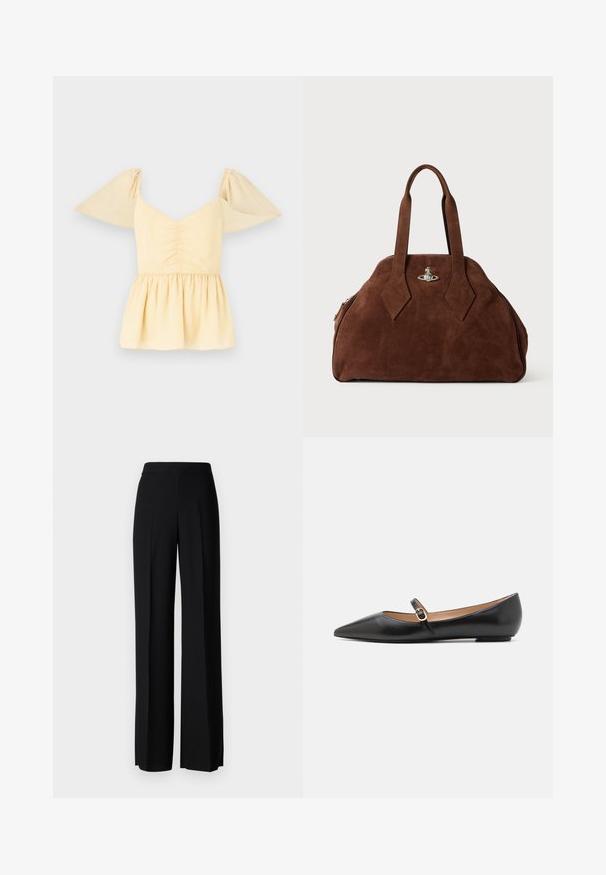 Top s puffovými rukávmi v jemnej žltej bavlne s nariaseným telom a rozšíreným lemom, ktorý má jemné škvrny po celej tkanine.; Čierne široké nohavice s hladkým povrchom, s vysokým pásom a stredovými skladmi. Žiadne viditeľné vzory ani hardvérové detaily.; Čierne kožené baletky s špicatou špičkou a bočným remienkom s kruhovým zlatým akcentom. Ľahké s plochou podrážkou.; Hnedá semišová kabelka so štruktúrovaným tvarom, zaobleným telom a predĺženými rukoväťami v tvare diamantov. Obsahuje uzatváranie so striebornou hardvérovou sponou.