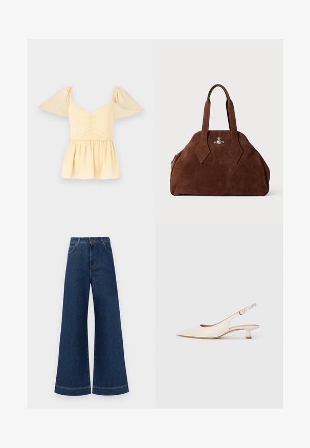 Pufærmet peplumtop i blød gul bomuld med en samlet bodice og en udflydende kant, der har subtile prikker i hele stoffet.; Bredde ben blå denim jeans med høj talje, der har knaplukning, bæltestropper og diskrete syninger langs lommerne og kanterne.; Cremefarvet spids snude slingback sko med lav kitten hæl og guldspænde på plain hvid baggrund.; Brun suede håndtaske med en struktureret form, rund krop og forlængede diamantformede håndtag. Har en hardwarelukning i sølv.