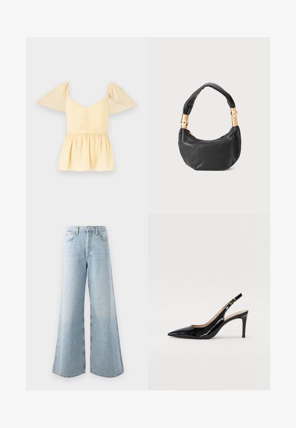 Mīksts dzeltenas kokvilnas topiņš ar puff piedurknēm un savākto krūšu daļu, ar platu apakšmalu, kas rotāta ar smalkām punktītēm visā audumā.; Gai zili plataji džinsi, izgatavoti no denima, ar augstu jostasvietu, piecām kabatām un pogas/zipa aizdari. Izplestā apakšdaļa palielina apjomu.; Melnas lakotās ādas slingback kurpes ar izteiktu degunu, šauru papēdi un smalku izgriezumu dizainu. Siksniņai ir zelta sprādze.; Melnas ādas rokassoma ar apaļu formu, mīkstu tekstūru un mezgla rokturi, kas rotāts ar zelta tonētiem aksesuāriem. Ar rāvējslēdzēja aizdari.