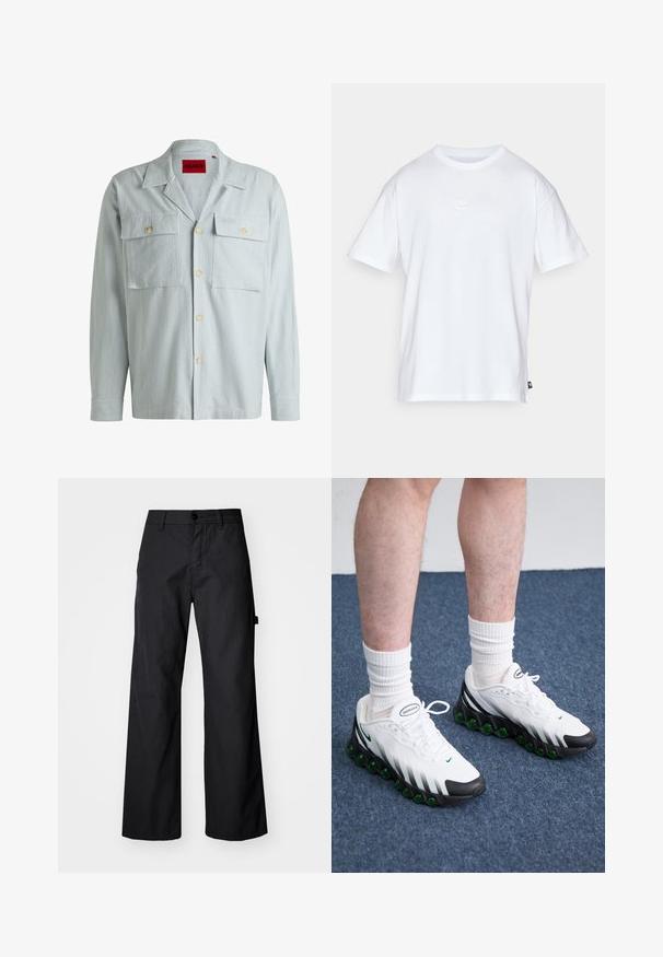 Camicia a righe blu chiaro con maniche lunghe, due tasche sul petto e chiusura con bottoni. Presenta un colletto classico e una texture in tessuto morbido.; T-shirt bianco in cotone con maniche corte e colletto tondo. Presenta un piccolo e discreto logo Nike sul petto e un'etichetta laterale.; Pantaloni neri a gamba larga realizzati in un tessuto durevole. Presentano una chiusura con bottone e tasche laterali. Texture liscia con un design pulito.; Scarpe da ginnastica bianche con accenti neri e ammortizzazione verde. Presentano una tomaia testurizzata, chiusura con lacci e logo del marchio visibile.