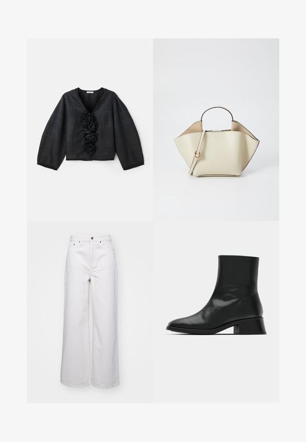 By Malene Birger MINEAS - Blouse - black; Wide-leg white jeans made from sturdy denim, featuring a high waist, five-pocket design, and metal button closure. Smooth texture.; Black ankle boot made of shiny leather, featuring a sleek design, pointed toe, and a moderate block heel for stability.; Ree Projects ANN - Handbag - beige