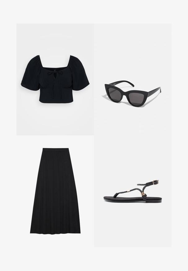 Schwarzes, kurzes Oberteil mit Puffärmeln, rechteckigem Ausschnitt und dekorativem Frontband. Weicher Stoff mit glatter Textur. Einfaches und modernes Design.; Schwarzer Maxirock aus weichem, fließendem Stoff. Er verfügt über einen elastischen Bund und eine volle, A-Linie Silhouette mit glatter Textur.; Schwarze flache Sandalen mit geflochtenen Riemen und metallischem Akzent. Verfügt über eine verstellbare Schnalle und eine flache Gummisohle für Komfort.; Schwarze Cat-Eye-Sonnenbrille mit matter Oberfläche, grauen getönten Gläsern, scharfen Kanten und schlanken Bügeln. Der Markenname ist auf dem inneren Bügel sichtbar.; Goldene Creolen mit einem glatten, abgerundeten Design. Sie verfügen über einen kleinen Scharnierverschluss, sehen leicht aus und haben ein poliertes Finish.