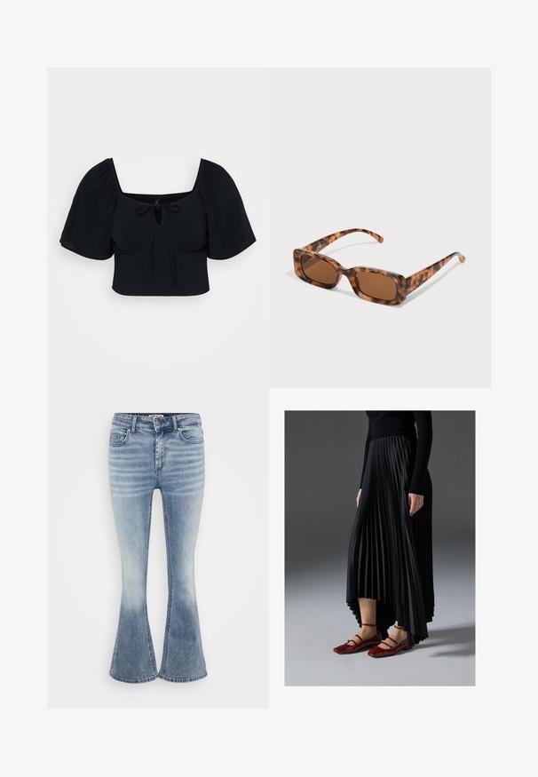 Top corto nero con maniche a palloncino, scollatura quadrata e dettaglio con nodo frontale. Tessuto morbido con una texture liscia. Design semplice e moderno.; Jeans a zampa di elefante blu chiaro in denim, con un classico design a cinque tasche, chiusura anteriore con zip e leggera scoloritura lungo le cosce.; Gonna nera plissettata con orlo asimmetrico, abbinata a ballerine rosse lucide con design a strap. Il tessuto ha una texture liscia.; Occhiali da sole tartarugati con lenti rettangolari marroni, una montatura spessa e stanghette sottili con un motivo di diverse tonalità di marrone.; Orecchini a cerchio argentati con design a fiocco, con una finitura liscia e una texture lucida. Stile compatto e minimalista adatto per diverse occasioni.