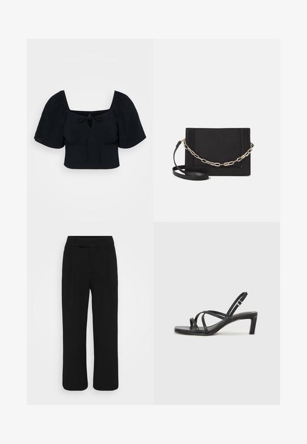 Juodas trumpas topas su pūstomis rankovėmis, kvadratiniu iškirpimu ir priekyje surišimu. Minkšta medžiaga su lygiu paviršiumi. Paprastas ir modernus dizainas.; Juodos plačios kelnės, pagamintos iš sklandžios medžiagos, turinčios lygią priekinę dalį, diržo kilpas ir nematomus kišenių. Švarus, pritaikytas dizainas.; Juodi šlepetės su kvadratiniu pirštu ir žemu bloku kulnu. Yra keli ploni dirželiai ir reguliuojamas kulkšnies diržas. Pagaminti iš lygios odos.; Juodas odinis per petį nešiojamas krepšys turi lygų paviršių, stačiakampio formą ir metalinę grandinėlę priekyje. Pridedama reguliuojama dirželis.