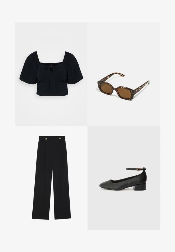 Top preto curto com mangas bufantes, decote quadrado e detalhes de laço na frente. Tecido macio com textura suave. Design simples e moderno.; Calças largas pretas com cintura alta, detalhes em botão na cintura e pregas frontais.; Sandal de pele preta com bico pontiagudo e um salto bloco baixo. Apresenta uma tira no tornozelo com uma fivela em tom dourado. Textura suave.; Óculos de sol tartaruga com uma armação redonda e robusta e lentes castanhas. Apresenta padrões subtis e hastes direitas e afinadas.; Bolsa de couro preta com forma curva, alça destacável e detalhes em dourado. A bolsa possui uma aba com detalhe de fivela.