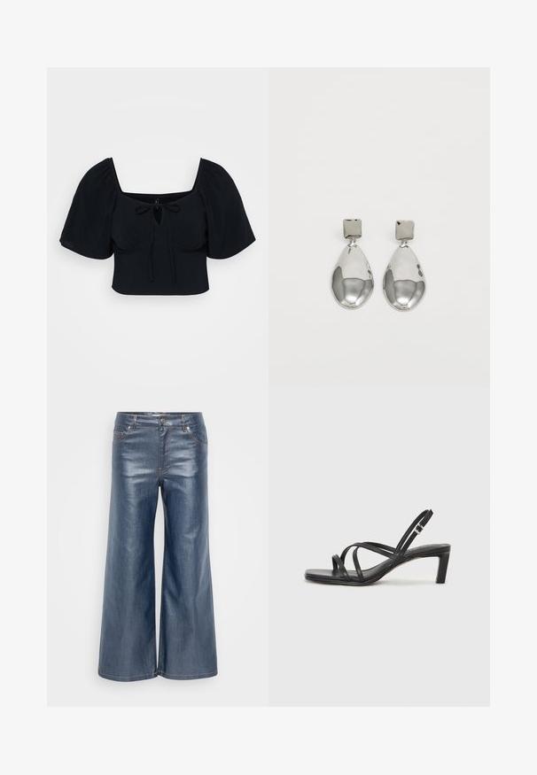 Svart kort topp med puffermer, firkantet utringning og knyting foran. Mykt stoff med en jevn tekstur. Enkelt og moderne design.; Bredde ben denimbukser i mørkeblå, med en jevn tekstur, fem-lommen design og kontrasterende søm. Foran knapp og glidelås-lukking.; Sorte sandaler med stropper, firkantet tå og lav blokk hæl. Har flere tynne stropper og en justerbar ankelstropp. Laget av glatt lær.; Sølv dråpeøreringer med firkantet studs, med en glatt, polert overflate og en tåreformet design som reflekterer lys med en blank overflate.