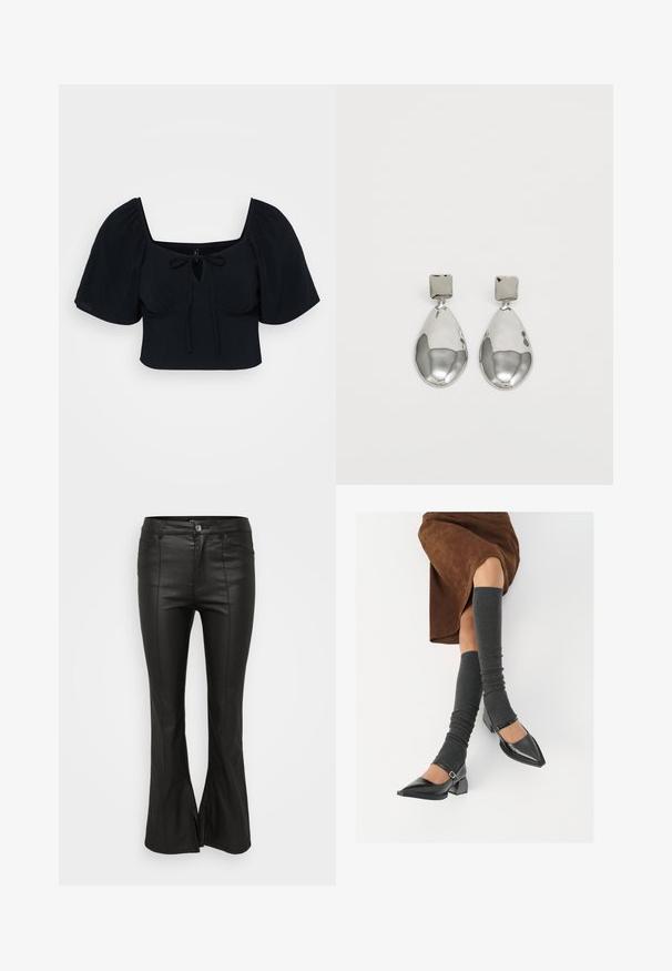 Sort cropped top med pufærmer, firkantet halsudskæring og snoredetalje foran. Blødt stof med en glat tekstur. Enkel og moderne design.; Sorte udvidede bukser med en skinnende, læderlignende tekstur, der har frontlommer, knaplukning og slids i siderne ved kanten.; Sorte patenterede lædersko med spids tå, blokhæl og ankelrem, kombineret med grå ribbede benvarmere og en brun ruskinds nederdel.; Sølv dråbeøreringe med en kvadratisk stud, der har en glat, poleret overflade og en dråbeform, som reflekterer lys med en blank overflade.