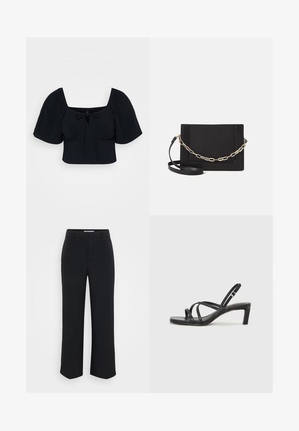 Top corto nero con maniche a palloncino, scollatura quadrata e dettaglio con nodo frontale. Tessuto morbido con una texture liscia. Design semplice e moderno.; Pantaloni neri a gamba larga con una texture liscia, dotati di una vita piatta e tasche laterali, progettati con un'estetica minimalista.; Sandalo nero con cinturini, dalla punta squadrata e tacco basso a blocco. Presenta diversi cinturini sottili e una cinturini regolabile alla caviglia. Realizzato in pelle liscia.; Borsa a tracolla nera in pelle con una texture liscia, forma rettangolare e dettaglio in catena metallica sul davanti. Inclusa una tracolla regolabile.