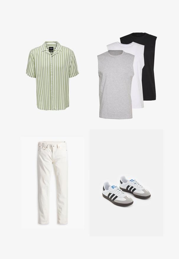 Gestreepte shirt met korte mouwen in lichtgroen en wit. Voorzien van een klassieke kraag en knoopsluiting aan de voorkant met een ontspannen pasvorm. Soepele stoftextuur.; Drie mouwloze T-shirts in grijs, wit en zwart. Zacht katoenmateriaal met een ronde hals en een relaxte pasvorm. Eenvoudig ontwerp, geen patronen.; Witte denim spijkerbroek met een rechte pasvorm, vijf zakken, koperen knoop en klinknagels, en een subtiele textuur in de stof. Geen zichtbare patronen.; Sportschoenen met een witte leren bovenkant, grijze suède neus en drie zwarte strepen. Bevat een blauw logo op de tong en een gestructureerde rubberen zool.