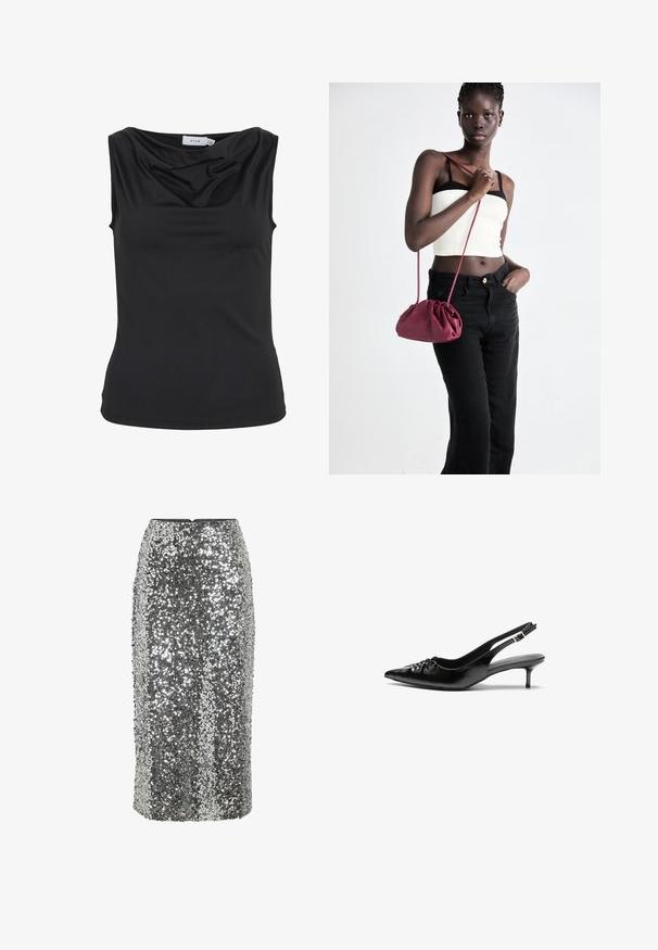 Svart ermeløs topp med drapert halslinning og tettsittende silhuett, merket "VILA" inne i kragen.; Sølvfarget paljett blyantskjørt med figurnær passform, knelengde og glatt tekstur. Har en skjult glidelås bak.; Svarte lær slingback-hæler med spiss tå, lav kitten-hæl og samlet detalj på vristen. Jevn tekstur og minimalistisk design.; Burgunderfarget myk stoffhåndveske med en samlet design og en lang stropp, båret som en crossover. Modellen har på seg en hvit crop-top og svarte jeans.