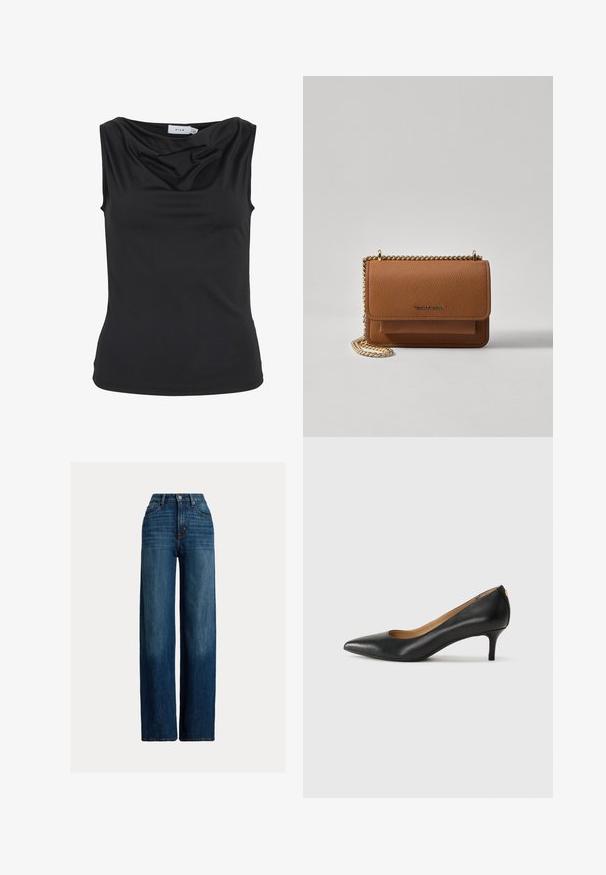 Juodas be rankovių viršus su drapiruotu iškirpimu ir prigludusia siluetu, viduje apykaklės pažymėtas "VILA".; Platus džinsų kelnes tamsiai mėlynos spalvos. Pabrėžta aukšta juosmens linija, užsegamos mygtuku, su klasikinio penkių kišenių dizainu. Lygus paviršius su švelniu nudėvėjimu.; Juodos odinės aukštakulnės bateliai su smailiu nosiu, žemu kulnu ir lygiu paviršiumi. Priekyje yra nedidelis atvirumas, o gale minimalus apdaila.; Ruda tekstūruota odinė per petį nešama rankinė su auksiniu grandininiu dirželiu ir užlenkiamo užsegimo. Priekinėje pusėje yra logotipo detalė ir kišenė po užlenkimu.