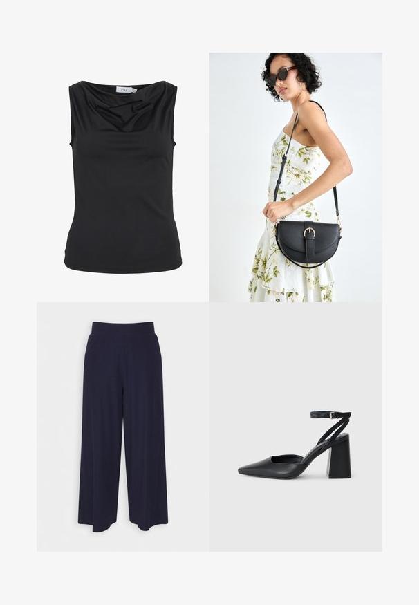 Svart ermeløs topp med drapert halslinning og tettsittende silhuett, merket "VILA" inne i kragen.; Bredde bukser i mørk marineblå stoff med ribbet tekstur. Har en glatt midje og en luftig silhuett, som når midt på leggen.; Svart lær pumps med spiss tå, ankelrem og kraftig hæl. Flat tekstur, strømlinjeformet design og minimalisme.; Svart lærveske med en buet form, avtagbar stropp og gullbeslag. Vesken har et klaff med spenne-detall.