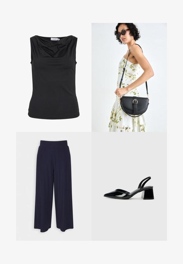 Black sleeveless top with a draped neckline and fitted silhouette, labeled "VILA" inside the collar.; Wide-leg trousers in dark navy fabric with a ribbed texture. Features a smooth waistband and a flowy silhouette, reaching mid-calf length.; Black patent leather slingback heels with a pointed toe and a geometric block heel. Features a sleek, minimal design and smooth texture.; Black leather handbag with a curved shape, detachable strap, and gold hardware. The bag features a flap with a buckle detail.