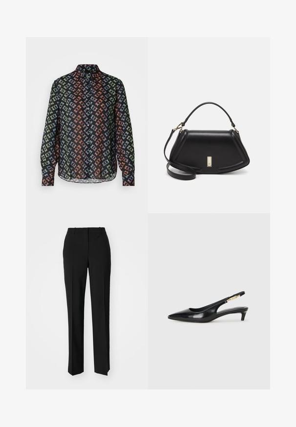 Camisa negra con cuello, que presenta un patrón geométrico repetido en verde, azul y naranja. Mangas largas, cierre con botones en la parte frontal.; Pantalones negros ajustados con un diseño de pierna recta, que presentan una textura suave y pliegues nítidos en el frente. Sin herrajes visibles.; Tacones negros de piel sintética tipo slingback con punta afilada, que cuentan con un tacón delgado y un detalle en tono dorado en la correa ajustable. Textura suave.; Bolso de mano de cuero negro con un diseño estructurado, que presenta una forma recortada, asa superior y acentos en dorado. Correa de hombro ajustable incluida.