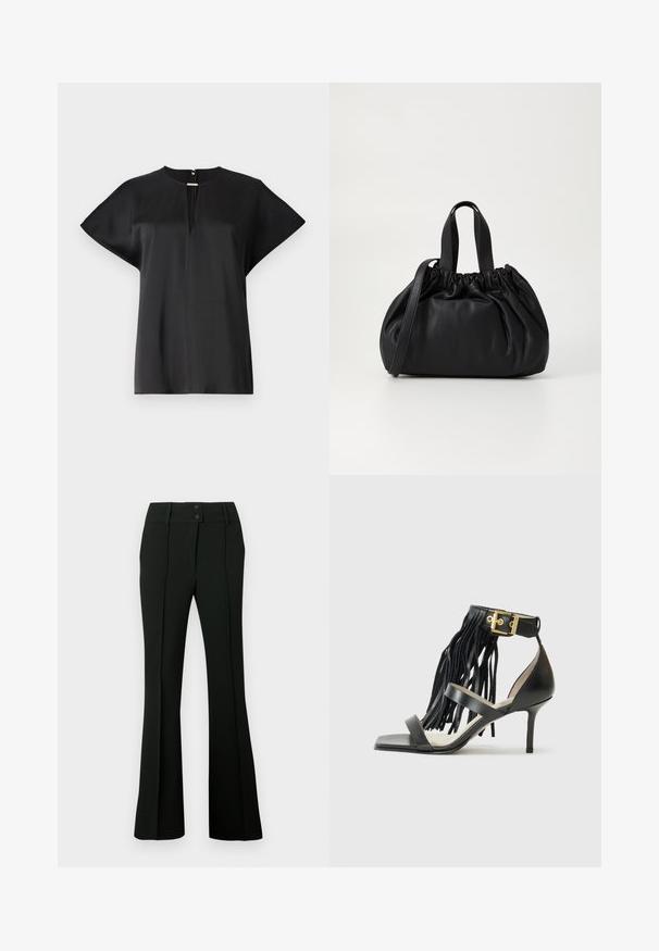 Schwarze Bluse mit glatter Textur, kurzen Ärmeln, runder Ausschnitt und einem zentralen Reißverschlussdetail vorne. Schlichtes Design, ohne Muster.; Schwarze, ausgestellte Hose aus glattem Stoff mit hohem Bund und zwei Knöpfen sowie vorderen Abnähern für eine taillierte Optik.; Schwarze High-Heel-Sandale mit franjiertem Detail, Knöchelriemen mit goldenen Beschlägen, flacher quadratischer Zehenbereich und zwei überkreuzten Riemen über dem Vorderfuß.; Schwarze Lederhandtasche mit einem gerafften Oberteil, ausgestattet mit zwei kurzen Griffen und einem langen verstellbaren Schulterriemen. Glatte Textur, runde Form.