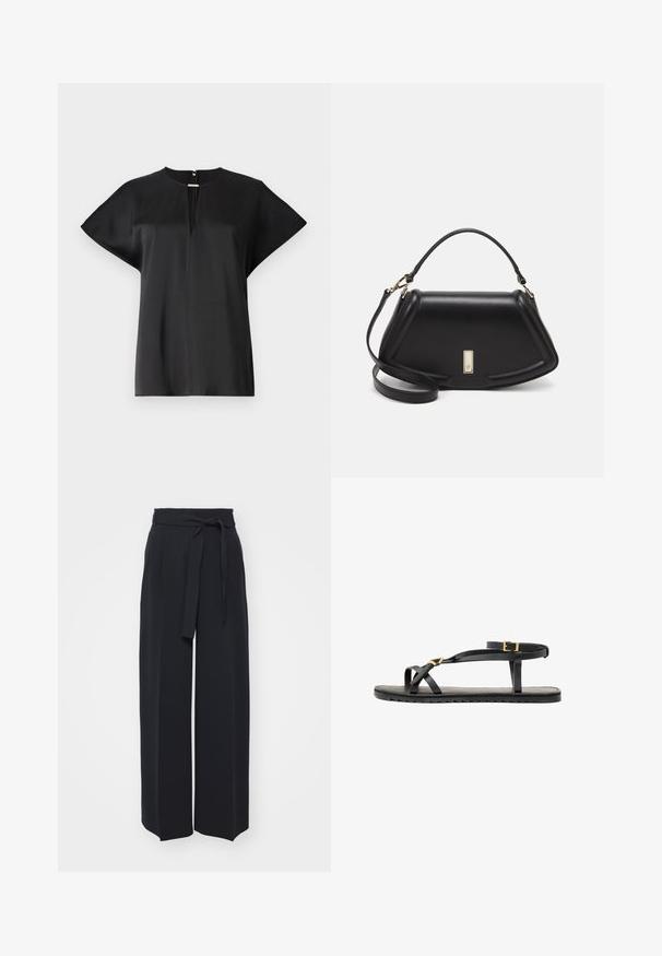 Black blouse with a smooth texture, short sleeves, a rounded neckline, and a central zipper detail at the front. Simple design, no patterns.; Wide-leg black trousers made of soft fabric. Features a belted waistband and front pleats. Smooth texture with a clean, contemporary design.; Black leather sandals with thin straps and a buckled ankle strap. Flat sole with a textured finish and zigzag edge. Minimalist design.; Black leather handbag with a structured design, featuring a cropped shape, top handle, and gold hardware accent. Adjustable shoulder strap included.