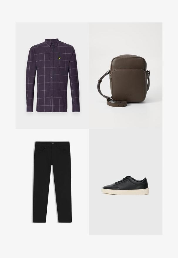 Camicia a maniche lunghe con bottoni di colore viola scuro, con un motivo a griglia bianco e grigio. Presenta un piccolo emblema verde sulla tasca del petto.; Pantaloni in denim nero con taglio dritto, dotati di vita standard, cinque tasche e chiusura con bottone. Texture liscia su tutta la superficie.; Sneaker in pelle nera a basso profilo con lacci neri e suola avorio, mostrato di profilo su sfondo bianco.; Borsa a tracolla in pelle marrone con superficie texturizzata, forma rettangolare, tasca frontale con zip e tracolla regolabile. Logo mostrato sulla parte anteriore.