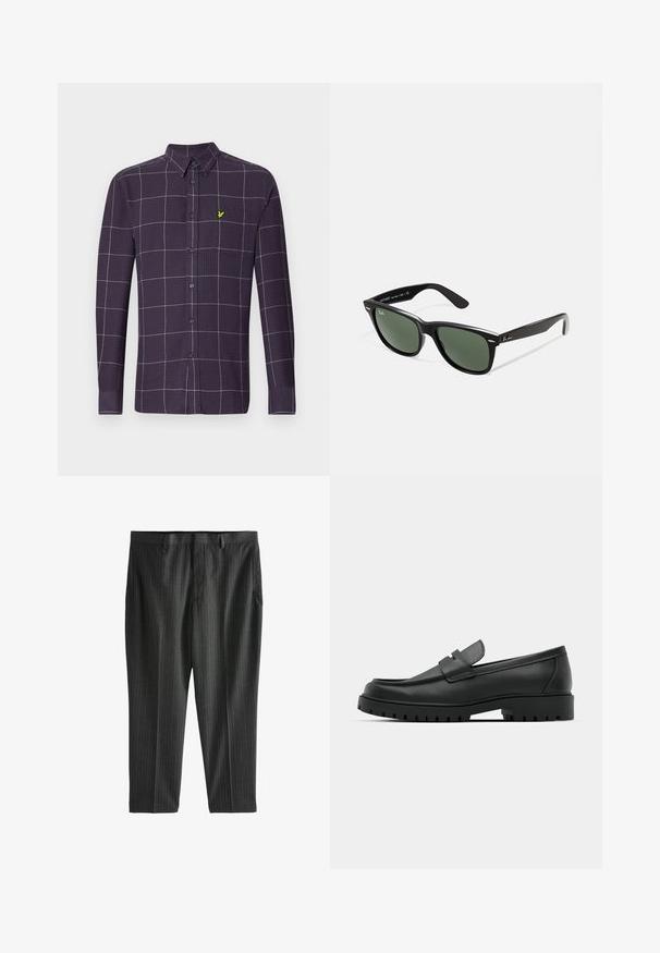Chemise à manches longues à boutons de couleur violet foncé avec un motif en grille blanc et gris. Elle présente un petit emblème vert sur la poche de poitrine.; Next STRIPE-REGULAR FIT - Chino - charcoal grey; Mocassins en cuir noir à bout arrondi, avec un design cousu, une semelle plateforme basse et une semelle en caoutchouc texturée et crantée.; Lunettes de soleil en plastique noir avec verres verts, monture carrée, accent argenté sur le sourcil et branches texturées. Marque indiquée sur l'intérieur de la branche.; Sac fourre-tout en toile noire avec des poignées en cuir noir. Design simple, corps spacieux et texture lisse. Pas de logos ou motifs visibles.