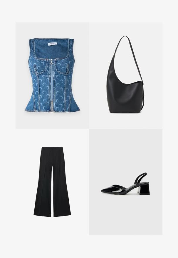 MARINE SERRE MOON LASER CORSET - Top - light blue; Pantaloni neri a gamba larga con una texture liscia, caratterizzati da pieghe frontali e un design sartoriale. Il tessuto è leggero e fluido.; Décolleté in vernice nera con punta affusolata e tacco in geometria cubica. Presentano un design elegante e minimalista, con una texture liscia.; Borsa hobo nera in pelle con una superficie liscia, forma curvata e una singola tracolla regolabile; presenta un'ampia apertura nella parte superiore.