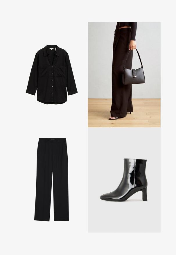 Maglietta nera a maniche lunghe in tessuto leggero, con chiusura a bottoni sul davanti, due tasche sul petto e colletto classico.; Pantaloni neri con un design a gamba dritta, dotati di due tasche frontali e di una vita. Realizzati in un tessuto morbido e leggero.; Stivaletto in pelle verniciata nera con punta a punta e tacco a blocco di altezza media. Texture liscia e design minimalista.; Borsa nera con forma strutturata, texture liscia e una chiusura metallica. Abbinata a pantaloni neri larghi e sandali open-toe su un pavimento in legno.