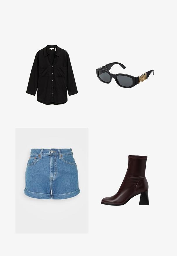 Black long-sleeve shirt in lightweight fabric, featuring a button-up front, two chest pockets, and a classic collar.; High-waisted denim shorts in light blue, featuring a rolled hem, five-pocket design, and metal button closure with contrasting stitching.; Stradivarius BLOCK - Classic ankle boots - dark red; Black sunglasses with a chunky geometric frame, dark lenses, and gold metal accents on the temples featuring a round emblem detail.; White leather handbag with gold hardware, a front flap, and black edging, featuring a chain strap worn crossbody against a light blue shirt.