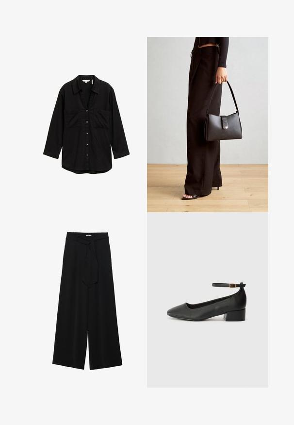 Maglietta nera a maniche lunghe in tessuto leggero, con chiusura a bottoni sul davanti, due tasche sul petto e colletto classico.; Pantaloni neri a gamba larga caratterizzati da un tessuto testurizzato, una vita elastica e una cintura staccabile per una vestibilità regolabile.; Pump in pelle nera con punta affusolata e tacco basso a blocco. Presenta una cinghia alla caviglia con una fibbia in tonalità oro. Texture liscia.; Borsa nera con forma strutturata, texture liscia e una chiusura metallica. Abbinata a pantaloni neri larghi e sandali open-toe su un pavimento in legno.