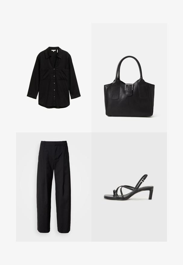 Zwarte langemouwen shirt van lichtgewicht stof, met een knoopsluiting aan de voorkant, twee borstzakken en een klassieke kraag.; Zwarte broek met een ontspannen pasvorm, geplooide voorkant en riemlussen. Soepele stof en rechte pijpen, met zijzakken.; Zwarte sandaal met bandjes, vierkante teen en een lage blokhak. Voorzien van meerdere dunne bandjes en een verstelbare enkelband. Gemaakt van zacht leer.; Zwarte leren tote bag met een gladde textuur, gestructureerde vorm, twee handvatten en een opvallend zilveren sluitingdetail aan de voorkant.