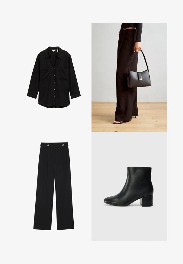 Juoda ilgomis rankovėmis palaidinė, pagaminta iš lengvos medžiagos, su mygtukų uždarymu priekyje, dviem krūtinės kišenėmis ir klasikine apykakle.; Juodi plačios kojos kelnės su aukštu liemeniu, sagų detalėmis ant liemens ir priekinėmis raukšlėmis.; Juodos odinės aulinės botai su smailiu priekiniu pirštu ir storu kulnu. Lygus tekstūra su minimaliomis detalėmis ir elegantišku, tvirtai priglundančiu dizainu.; Juodas rankinė struktūrizuota forma, lygi tekstūra ir metalinis užsegimas. Suporuota su plačiomis juodomis kelnėmis ir atvirais bateliais ant medinių grindų.