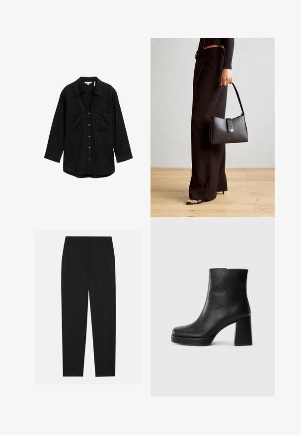 Czarna koszula z długim rękawem z lekkiego materiału, z zapięciem na guziki z przodu, dwiema kieszeniami na piersi oraz klasycznym kołnierzykiem.; Czarne spodnie o dopasowanym kroju, z bocznymi kieszeniami i prostą nogawką. Wykonane z gładkiego, lekkiego materiału o eleganckim wykończeniu.; Czarne skórzane botki za kostkę z blokowym obcasem i platformą, widok z boku na białym tle.; Czarna torebka o usztywnionym kształcie, gładkiej fakturze i metalowym zapięciem. Połączona z szerokimi czarnymi spodniami i sandałami na otwartym palcu na drewnianej podłodze.