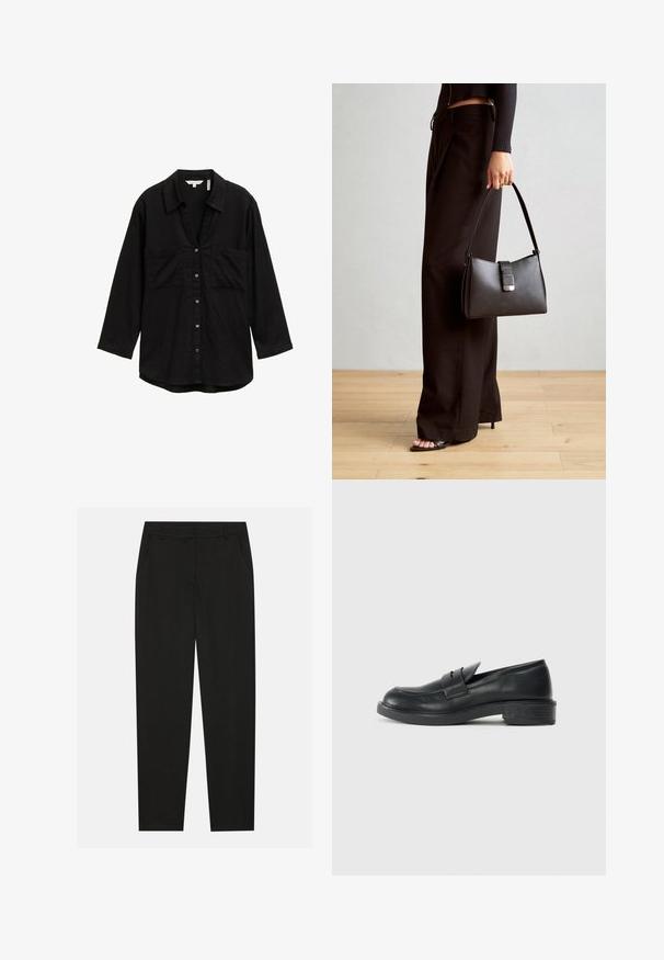 Must have pikkade varrukatega must särk, mis on valmistatud kergest kangast, millel on nööpidega esikülg, kaks rinna taskut ja klassikaline krae.; Mustad püksid, millel on kohandatud disain, küljetaskud ja sirge sääreosa. Valmistatud sileda, kerge kangaga, millel on peen viimistlus.; Mustad nahast loafers ümarate varvastega, tikkimiste detailidega ja väikese kandiga. Sile pind ja paindlik kummist tald.; Must musta kott, millel on struktureeritud kuju, sile tekstuur ja metallist klamber. Kombineeritud laiate mustade pükstega ja avatud varvaste sandaalidega puidust põrandal.