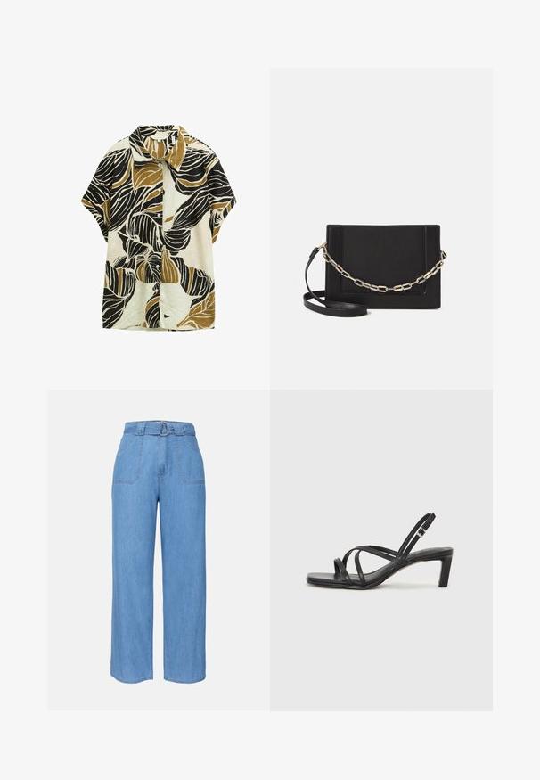 Košulja s kratkim rukavima i ovratnikom, koja ima krem boju s velikim crnim i maslinasto zelenim uzorcima lišća, izrađena od teksturiranog materijala.; Svijetloplave traper široke hlače s pojasom, dva prednja đepa i jednostavnu teksturu. Karakterizira ih minimalistički dizajn i čiste linije.; Crne sandale s trakama, kvadratnim prstom i niskom blok petom. Ima više tankih trakica i podesivu trakicu oko gležnja. Izrađene su od glatke kože.; Crna kožna torba preko tijela s glatkom teksturom, pravokutnim oblikom i metalnim lancem na prednjoj strani. Uključena je podesiva naramenica.