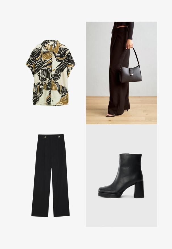 Camisa de manga corta con cuello, con un fondo crema y grandes patrones de hojas en negro y verde oliva, hecha de una tela texturizada.; Pantalones de pierna ancha negros con cintura alta, detalles de botones en la cinturilla y pliegues en la parte delantera.; Botín de cuero negro con tacón cuadrado y suela de plataforma, visto de lado sobre un fondo blanco liso.; Bolso negro con forma estructurada, textura suave y un cierre metálico. Combinado con pantalones anchos negros y sandalias de dedo en un suelo de madera.