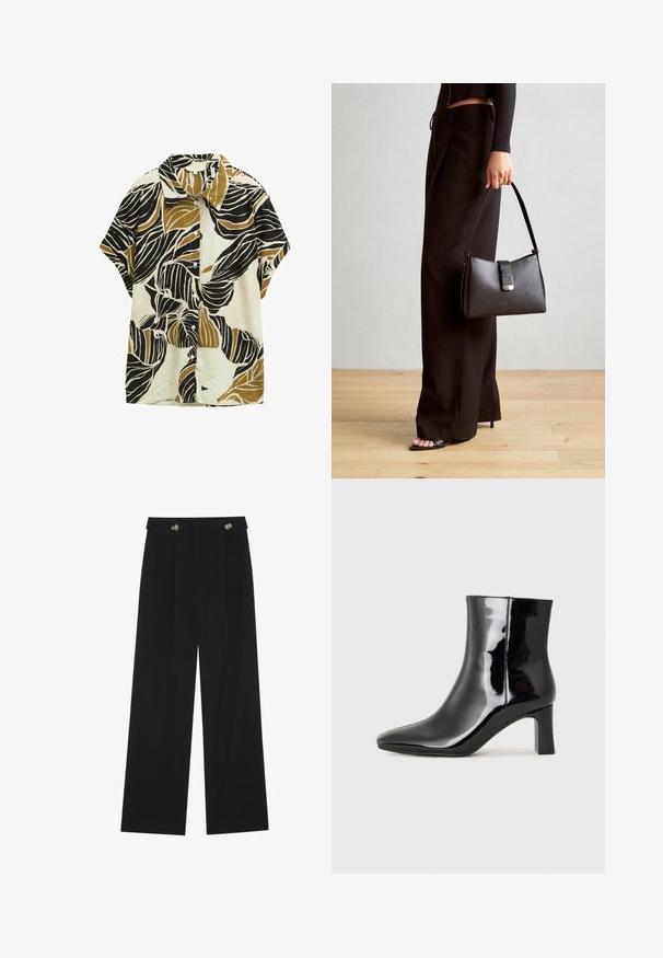 Short-sleeve shirt with a collared neck, featuring a cream background and large black and olive green leaf patterns, made of a textured fabric.; Black wide-leg trousers with high waist, button details on waistband, and front pleats.; Black patent leather ankle boot with a pointed toe and a mid-height block heel. Smooth texture and minimalist design.; Black handbag with structured shape, smooth texture, and a metallic clasp. Paired with wide black pants and open-toe sandals on wooden floor.