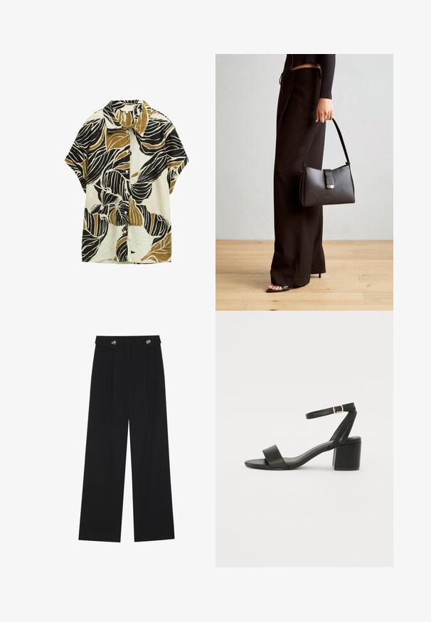 Koszula z krótkim rękawem z kołnierzykiem, w kolorze kości słoniowej, zdobiona dużymi czarnymi i oliwkowymi wzorami liści, uszyta z teksturowanej tkaniny.; Czarne szerokie spodnie z wysokim stanem, z detalami w postaci guzików na pasku oraz plisami z przodu.; Czarne sandały na obcasie z gładkiej skóry, z odkrytymi palcami, szerokimi przednimi paskami oraz regulowanym paskiem na kostkę z detalem w postaci złotego zapięcia.; Czarna torebka o usztywnionym kształcie, gładkiej fakturze i metalowym zapięciem. Połączona z szerokimi czarnymi spodniami i sandałami na otwartym palcu na drewnianej podłodze.