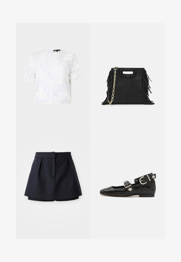Biała koronkowa bluzka z krótkim rękawem zdobiona haftem kwiatowym, okrągłym dekoltem i luźnym krojem. Przezroczysty materiał o teksturowanym, warstwowym wyglądzie.; Granatowe szorty z plisami o wysokim stanie, wykonane z gładkiej tkaniny. Charakteryzują się dopasowanym krojem i ukrytą przednią kieszenią.; Czarne lakierowane baleriny z kwadratowym noskiem, z paskiem na kostkę z metalowymi elementami w kolorze srebrnym oraz płaską podeszwą. Gładka textura i minimalistyczny design.; Czarna skórzana torebka na ramię z frędzlami, złotym łańcuszkiem oraz wyciętym uchwytem. Posiada umieszczone na przodzie logo.